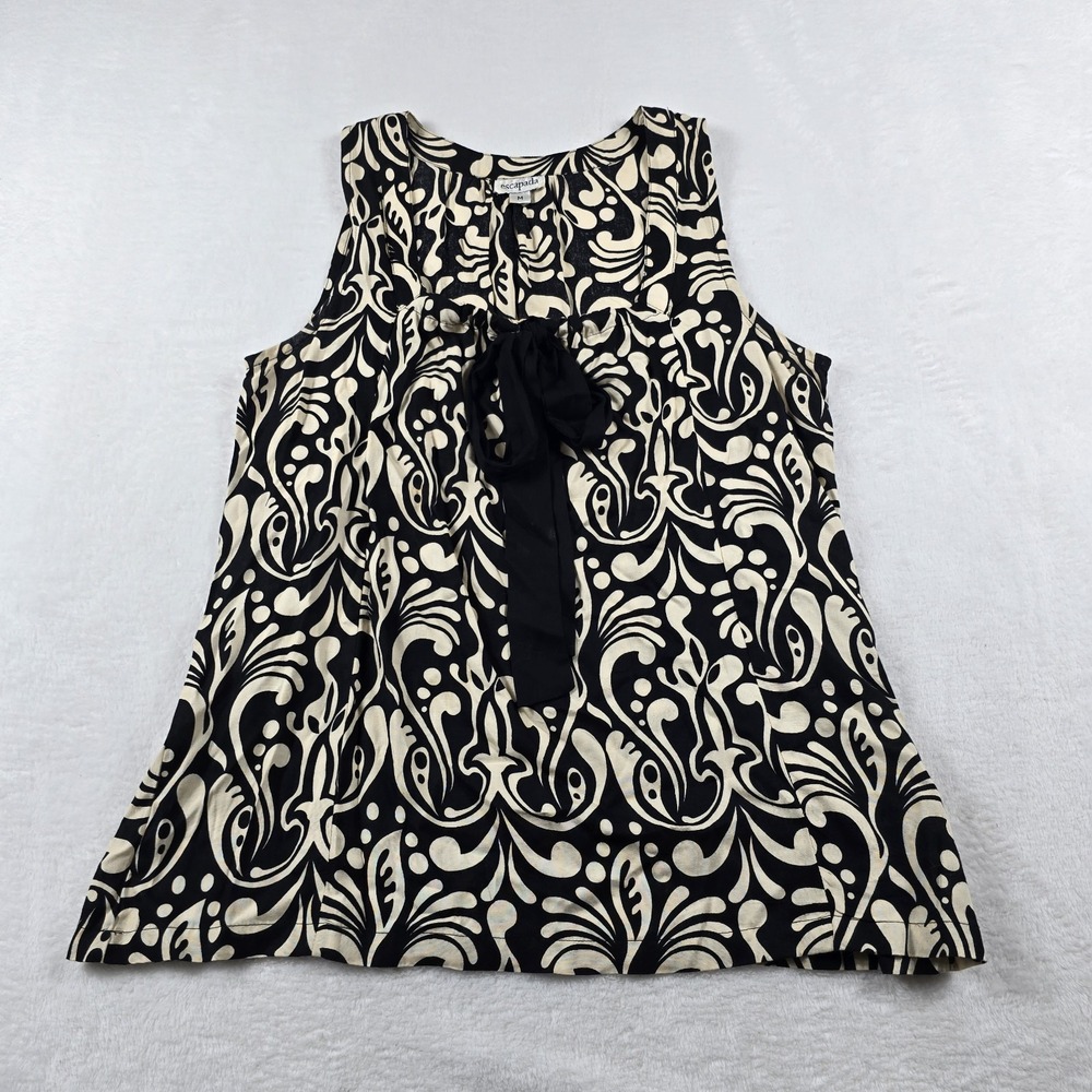 Escapada Sleeveless Blouse Womens Medium Black White Abstract Print Tie Neck